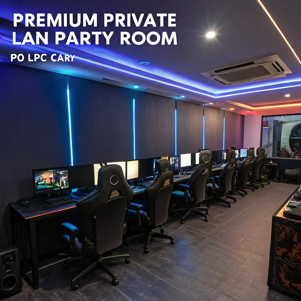 Premium private LAN party gaming room with high-end PCs and immersive lighting